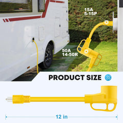 Kohree 15A to 50A adapter connection powers RVs from 120V supplies.