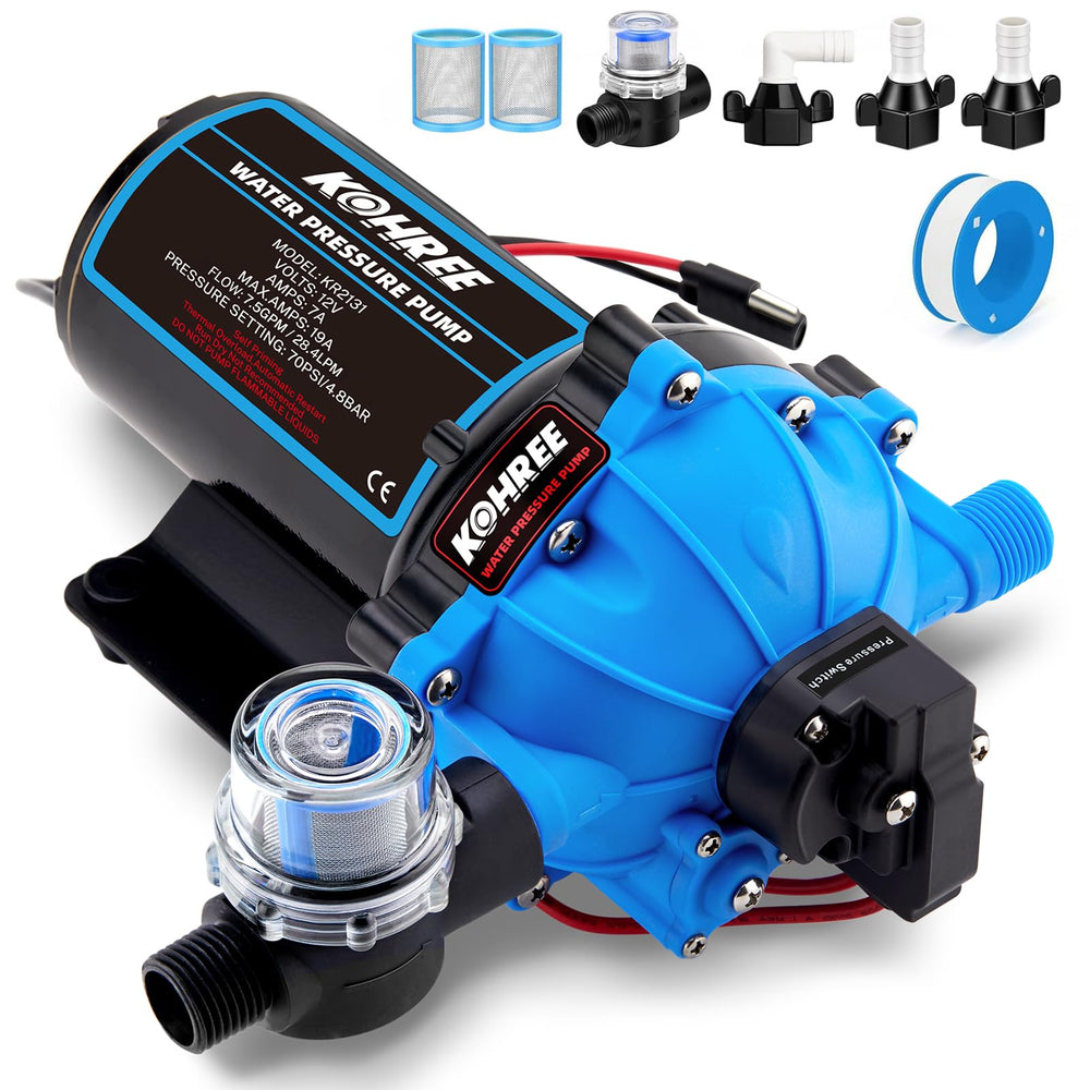 Kohree 2026 upgraded RV water pump front view showing robust build for steady flow
