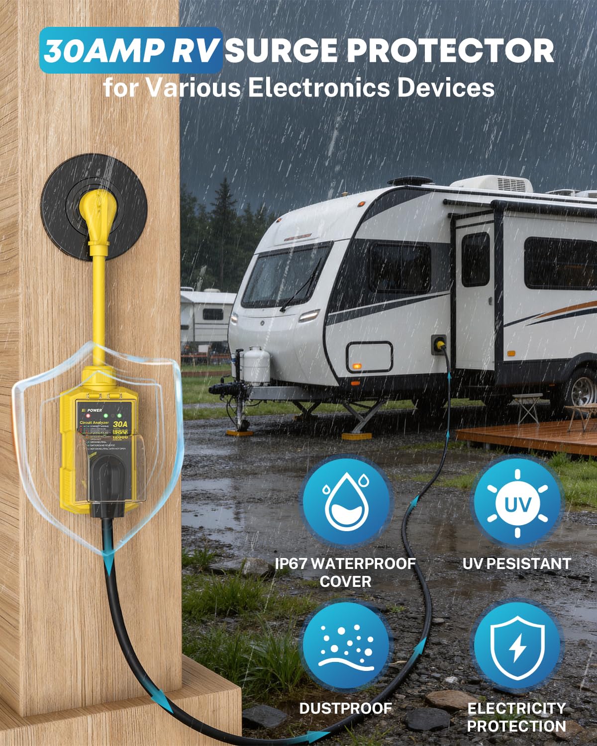 Kohree 30A RV surge protector compact plug enables easy setup on the campsite.