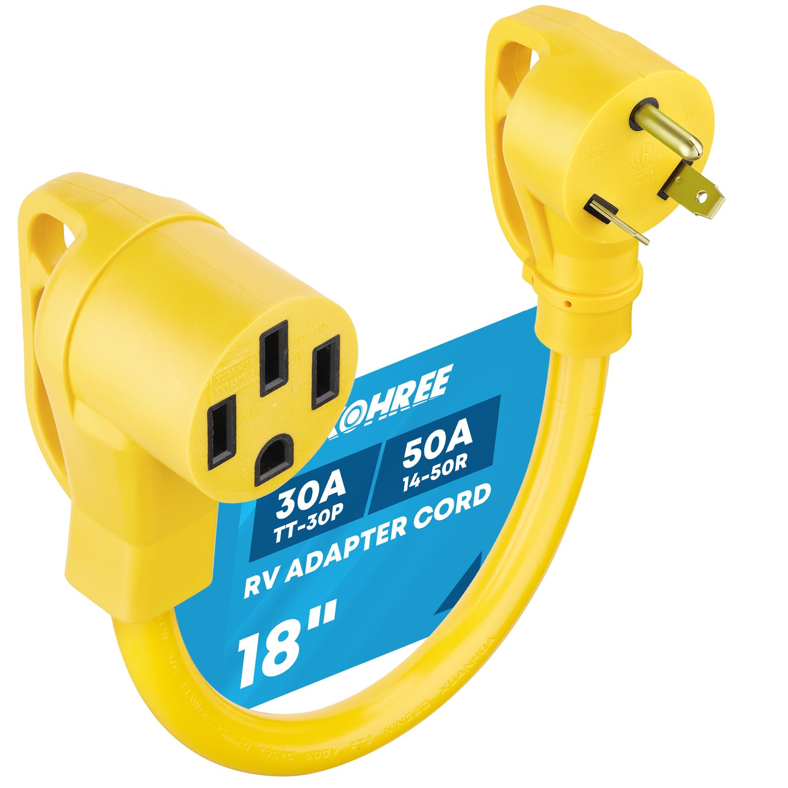Kohree 30A to 50A RV adapter 18-inch for easy campground power conversion.