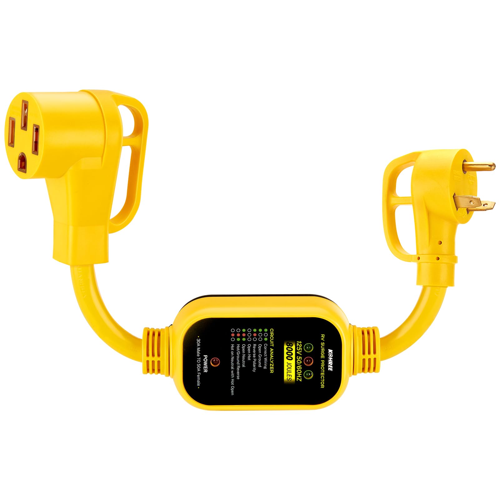 Kohree 30A to 50A RV adapter with surge protection ready for campground use