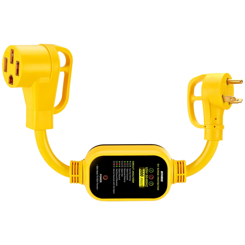 Kohree 30A to 50A RV adapter with surge protection ready for campground use