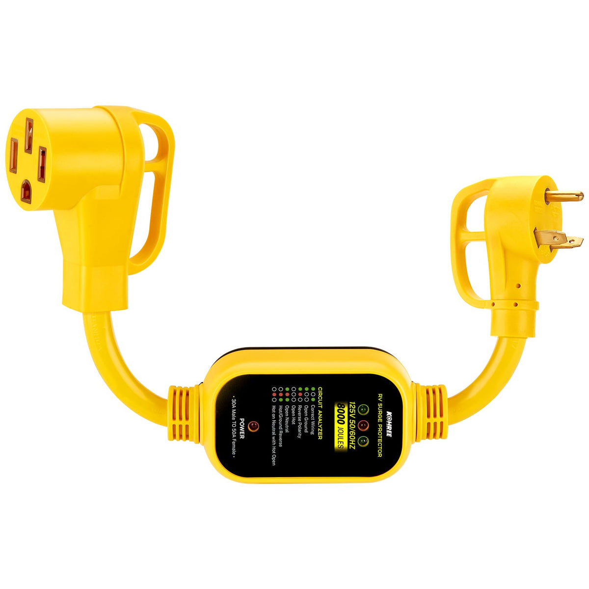 Kohree 30A to 50A RV adapter with surge protection ready for campground use