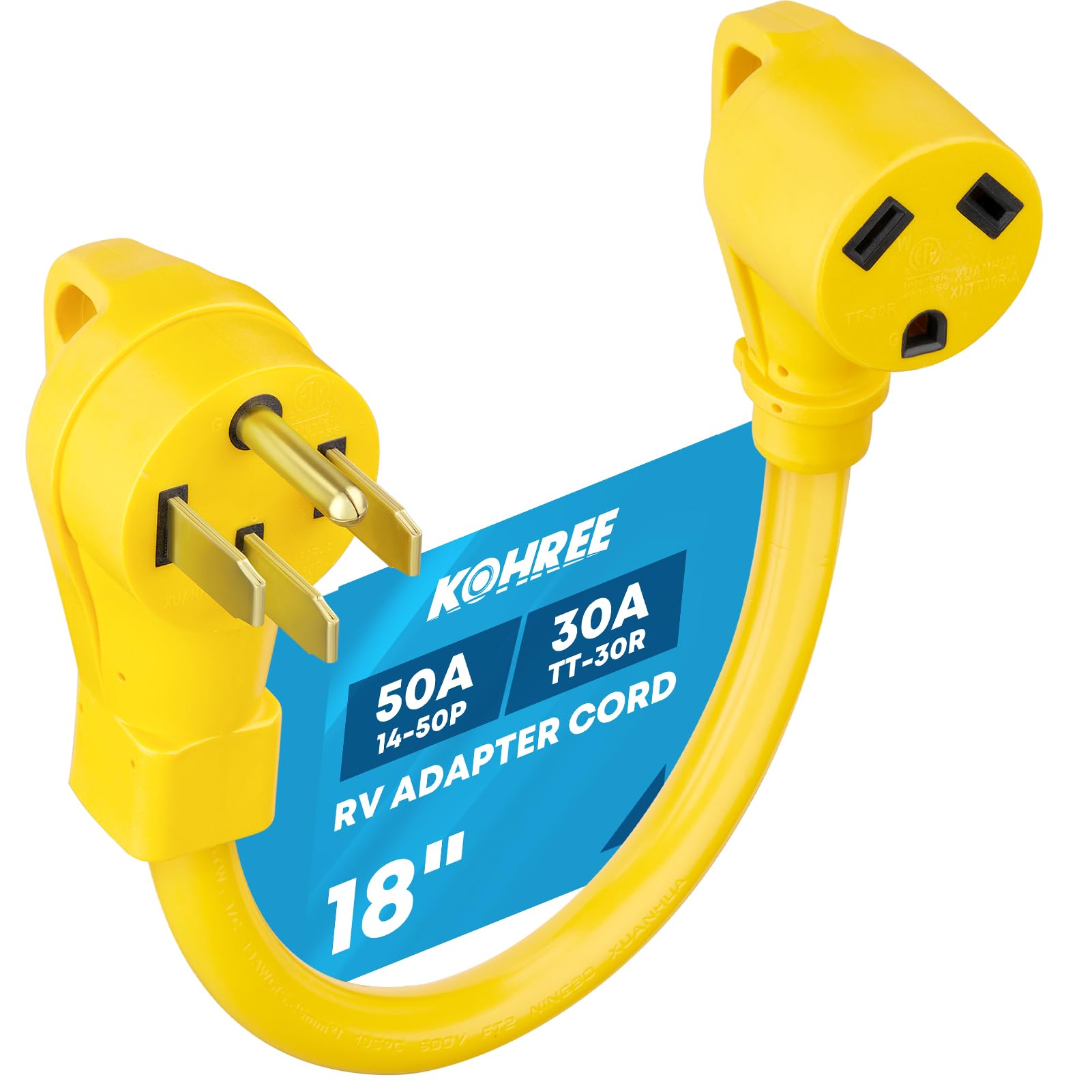 Kohree 50A to 30A RV adapter plug showing 18-inch cord for flexible setups.
