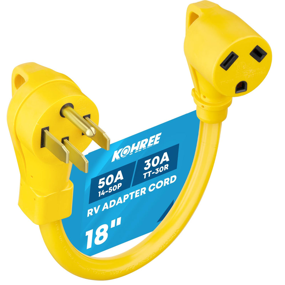 Kohree 50A to 30A RV adapter plug showing 18-inch cord for flexible setups.