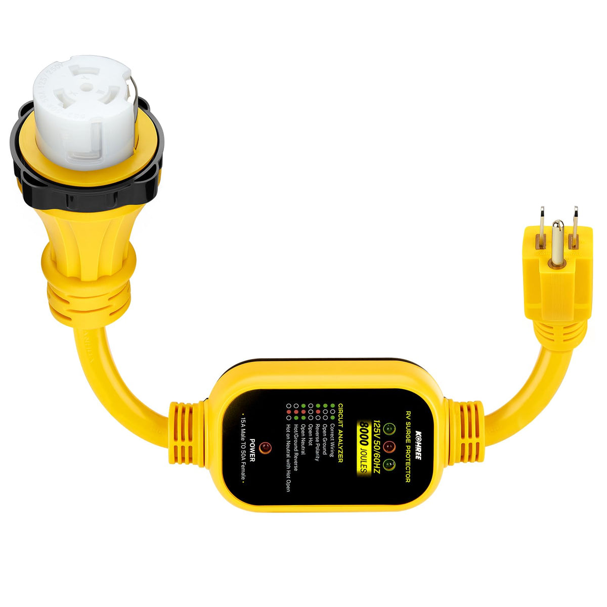 Kohree 50A to 110V RV adapter with surge protection for safe home-to-RV power.