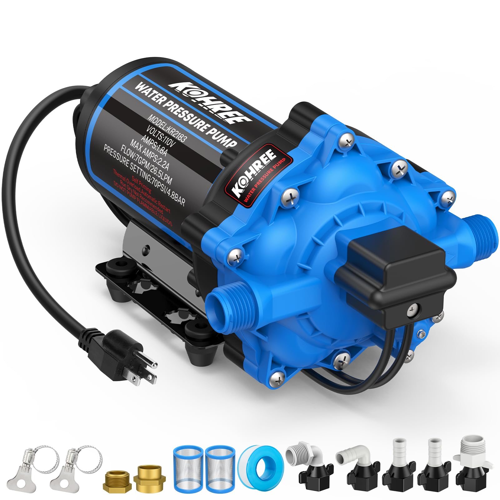Kohree 7 GPM 70 PSI water pump front view for RV and cabin use, compact and reliable