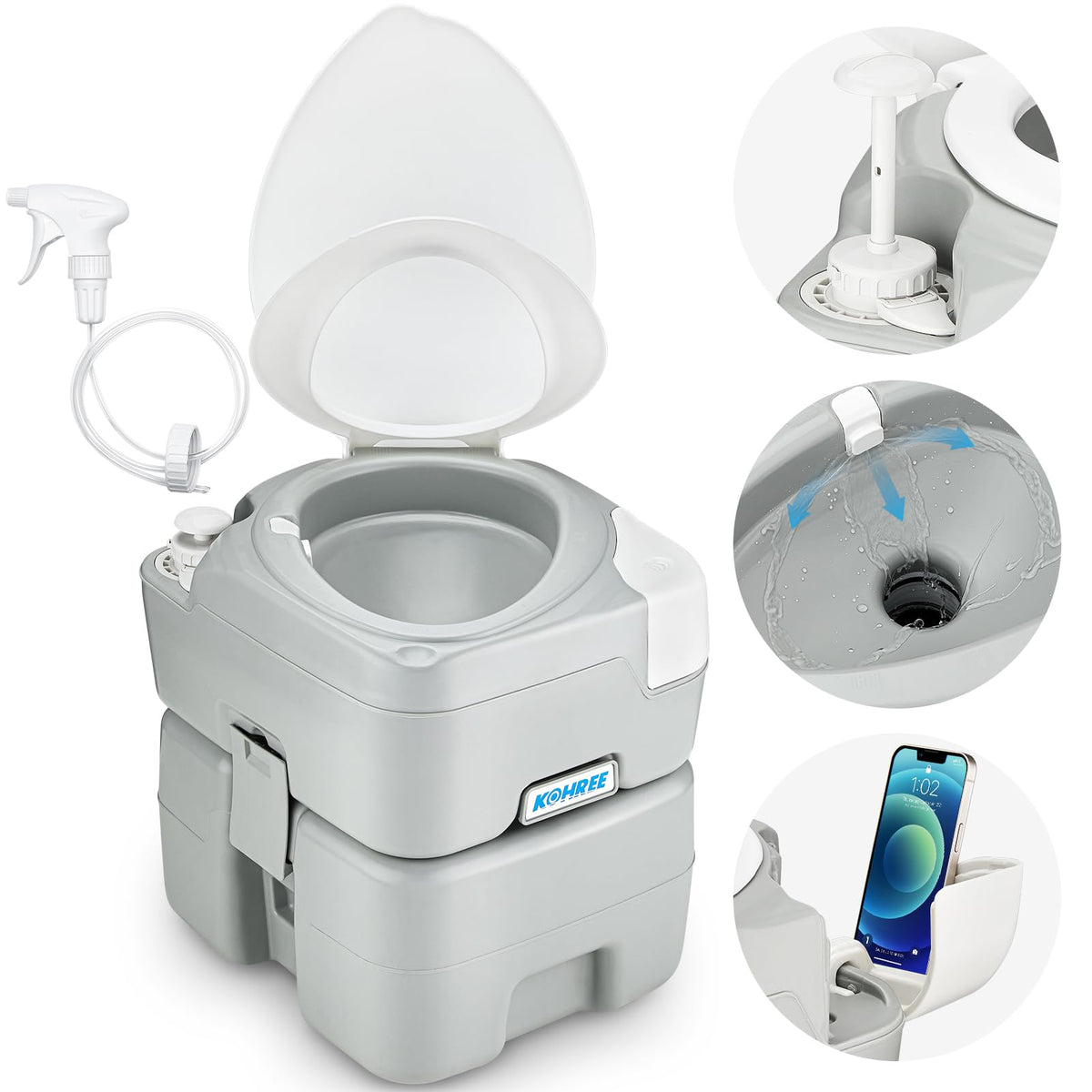 Kohree camping toilet with diagonal seat offers comfortable RV use