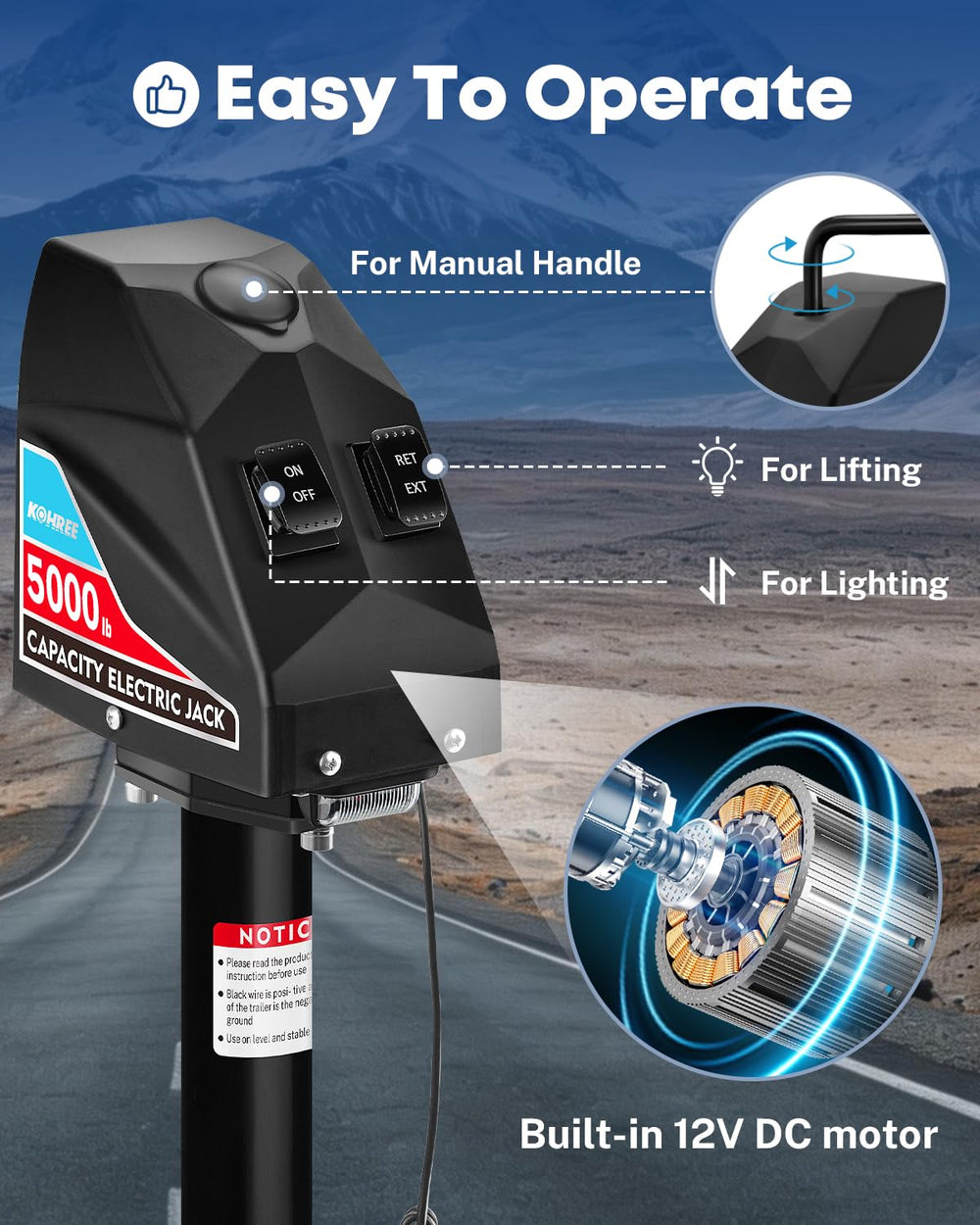 Kohree electric trailer jack side profile highlighting rugged build for RVs and campers.