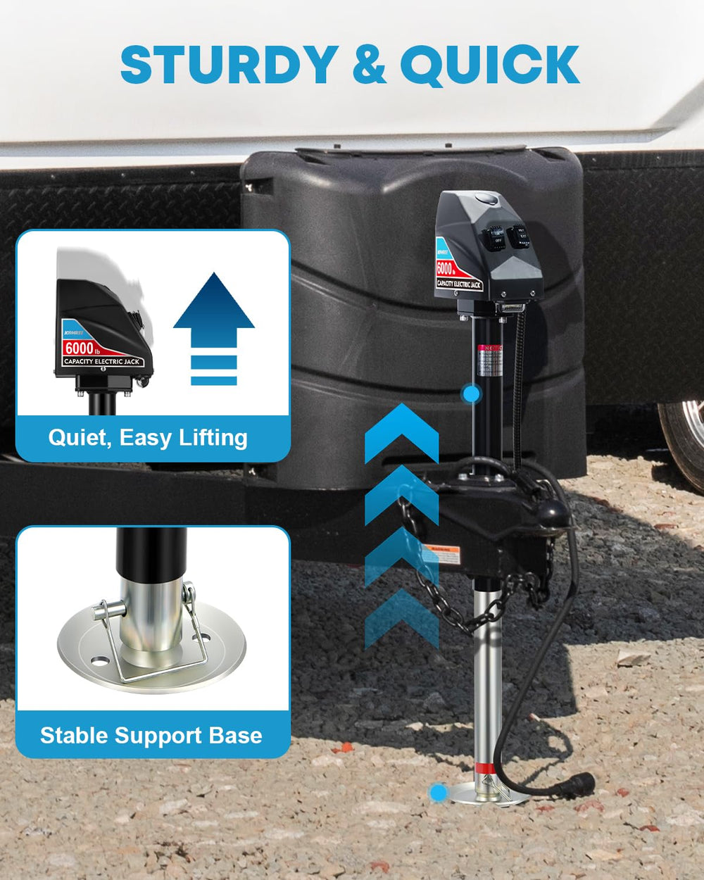Kohree electric trailer jack with 7-way connector enables plug-and-play operation from the vehicle.