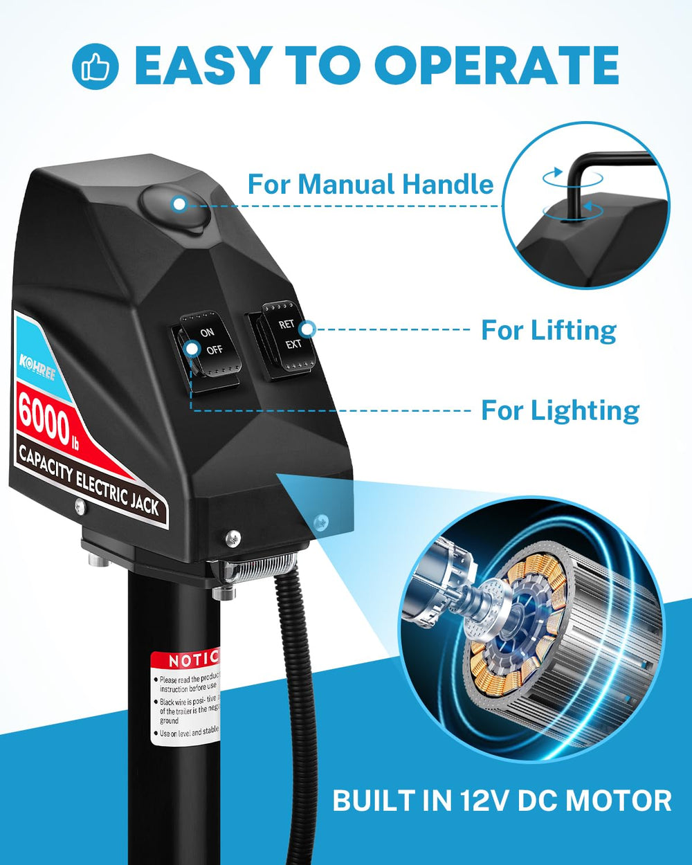 Kohree electric trailer jack with anti-rust coating resists corrosion on rugged trips.