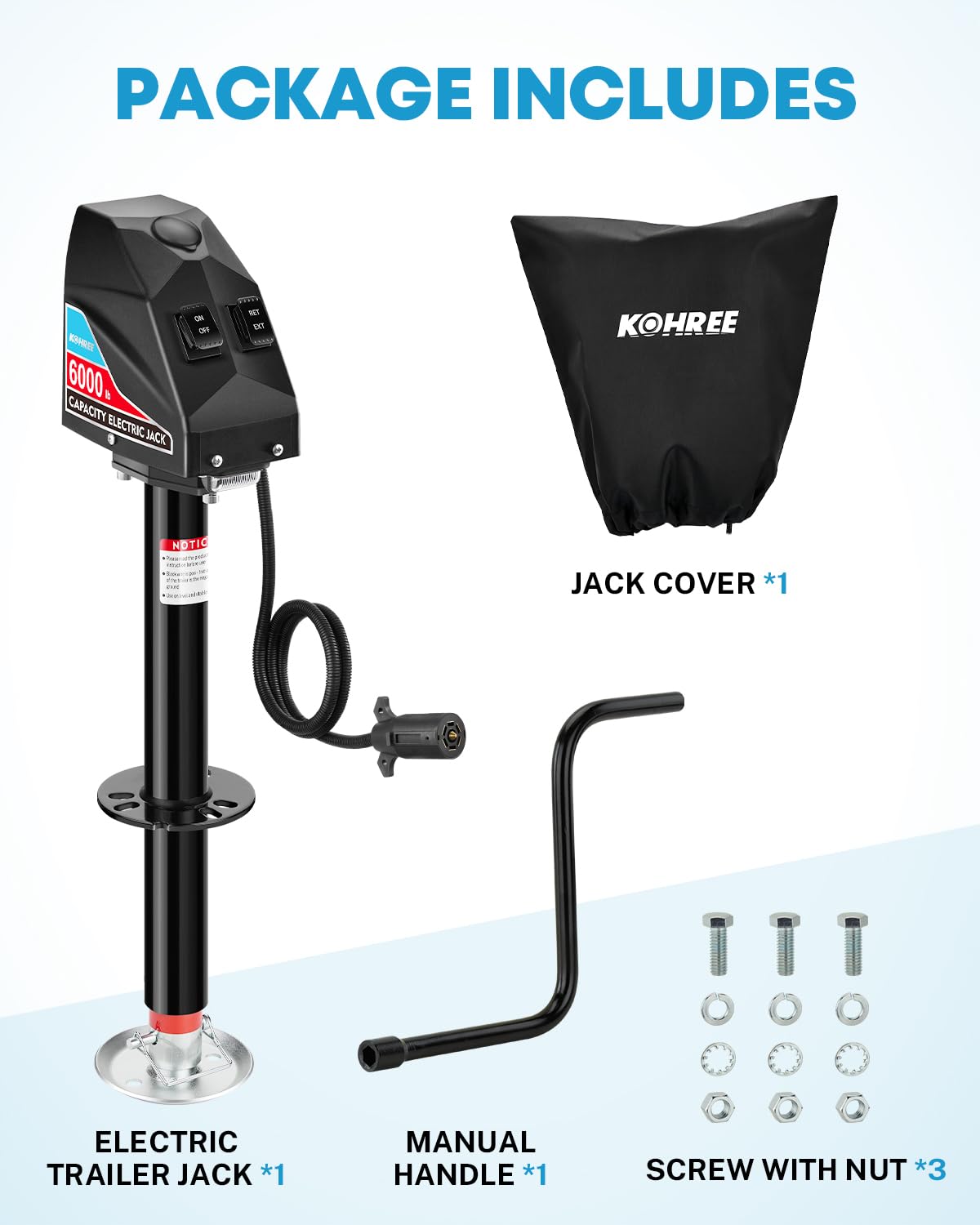 Kohree electric trailer jack weatherproof cover protects against rain and dust.