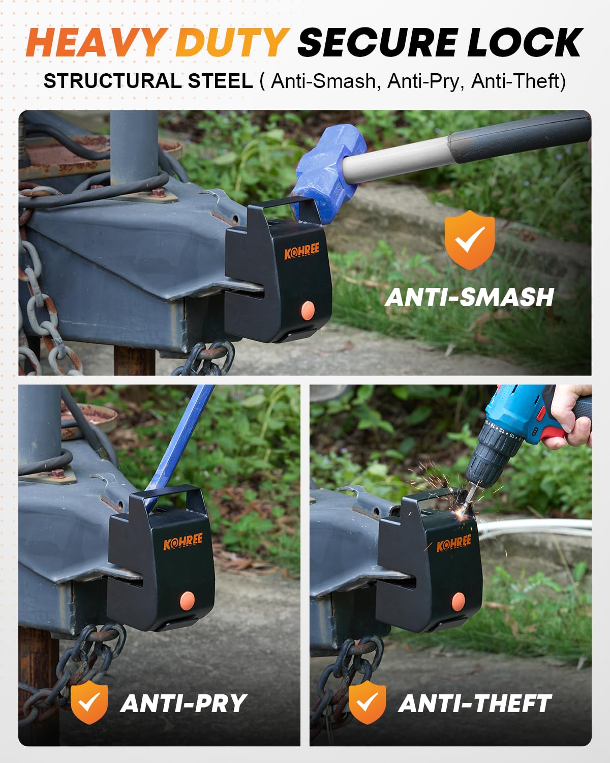 Kohree hardened steel body resists prying and harsh outdoor use.