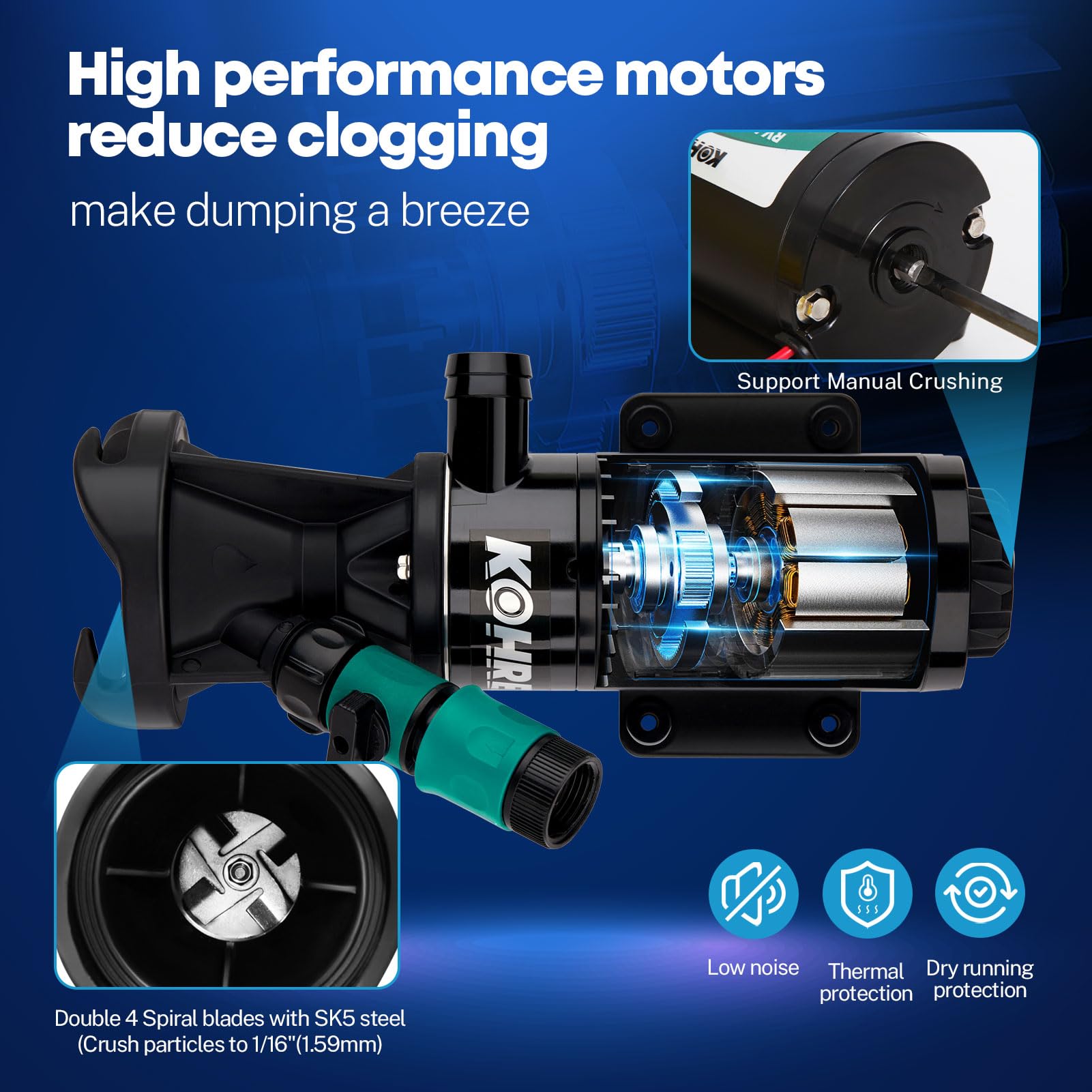 Kohree macerator pump SK5 spiral blades reduce debris to prevent clogs.