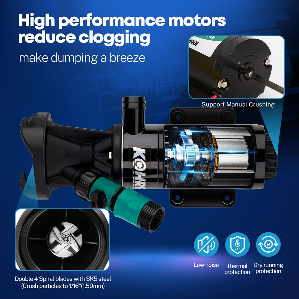 Kohree macerator pump SK5 spiral blades reduce debris to prevent clogs.
