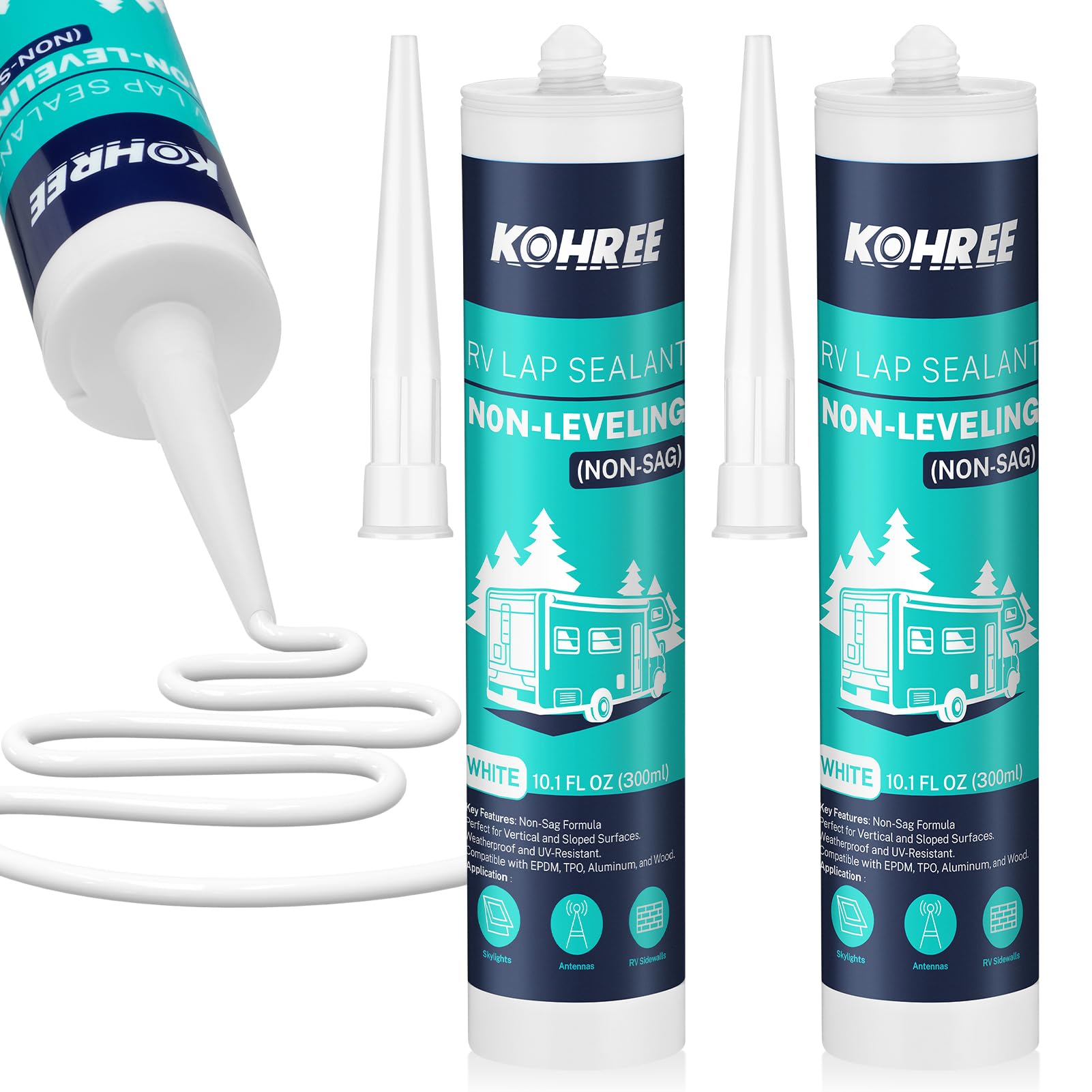 Kohree Non-Leveling RV Roof Sealant pack 2 in white sealing roofs against water intrusion.