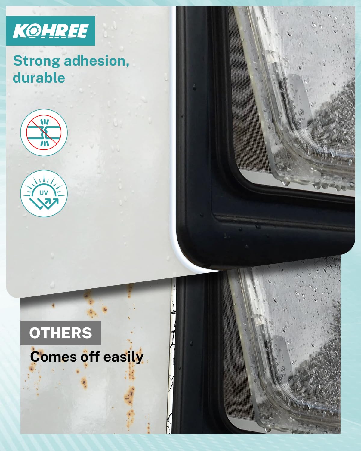Kohree Non-Leveling RV Roof Sealant bead applied along RV edge.