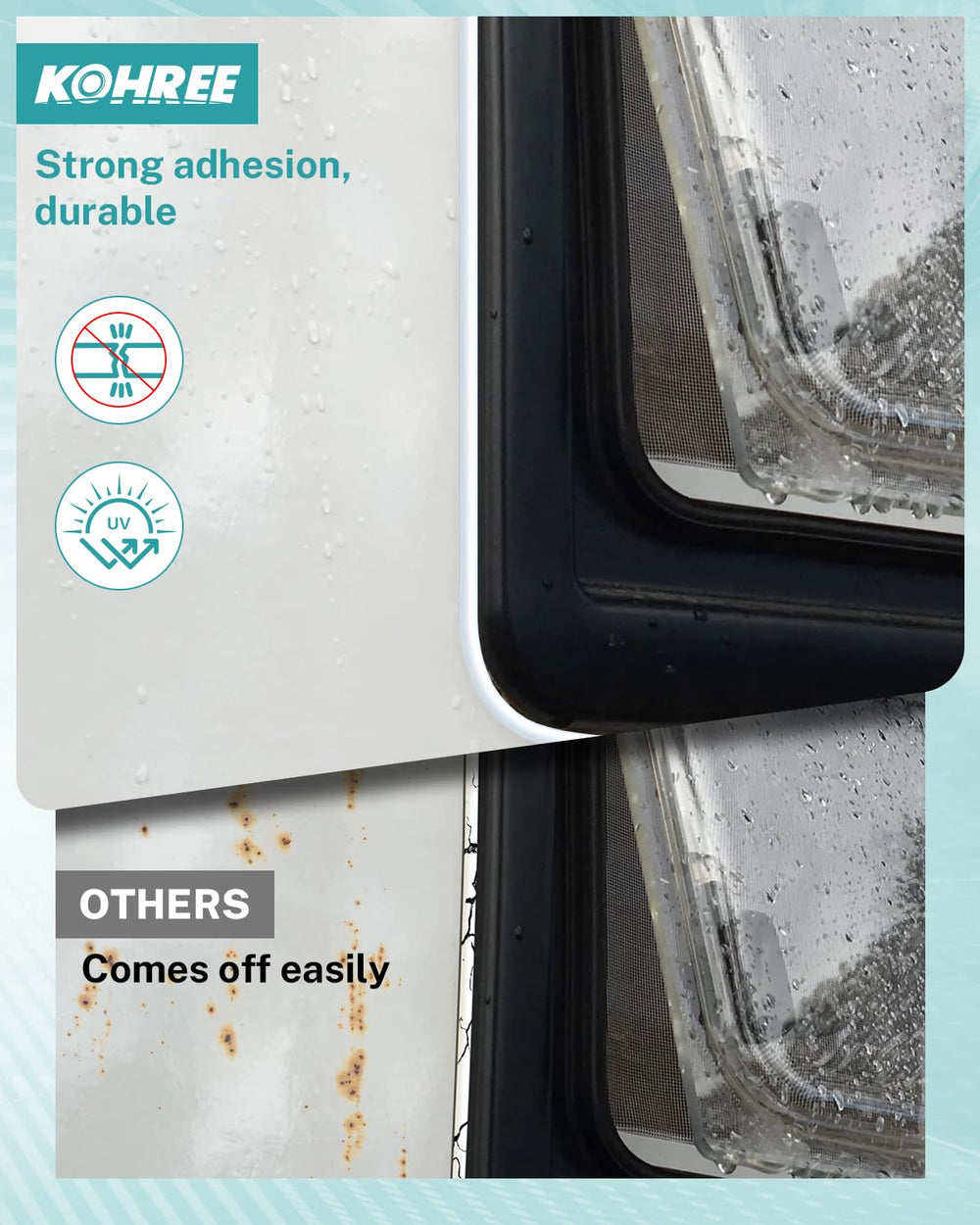 Kohree Non-Leveling RV Roof Sealant bead applied along RV edge.