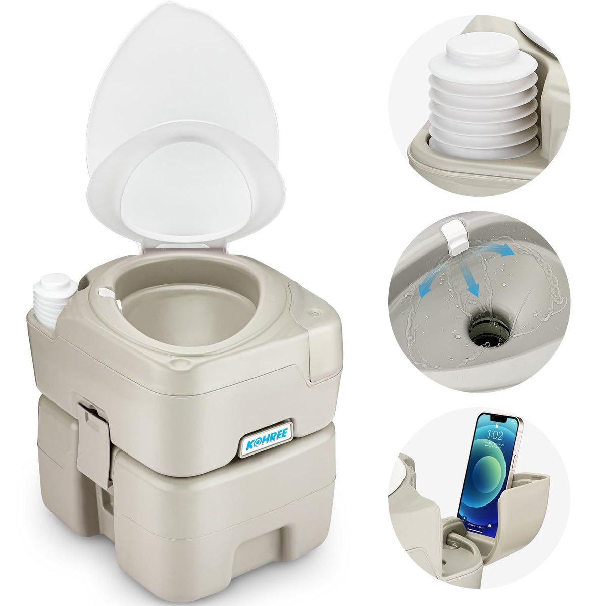 Kohree portable toilet assembled for camping with compact footprint.