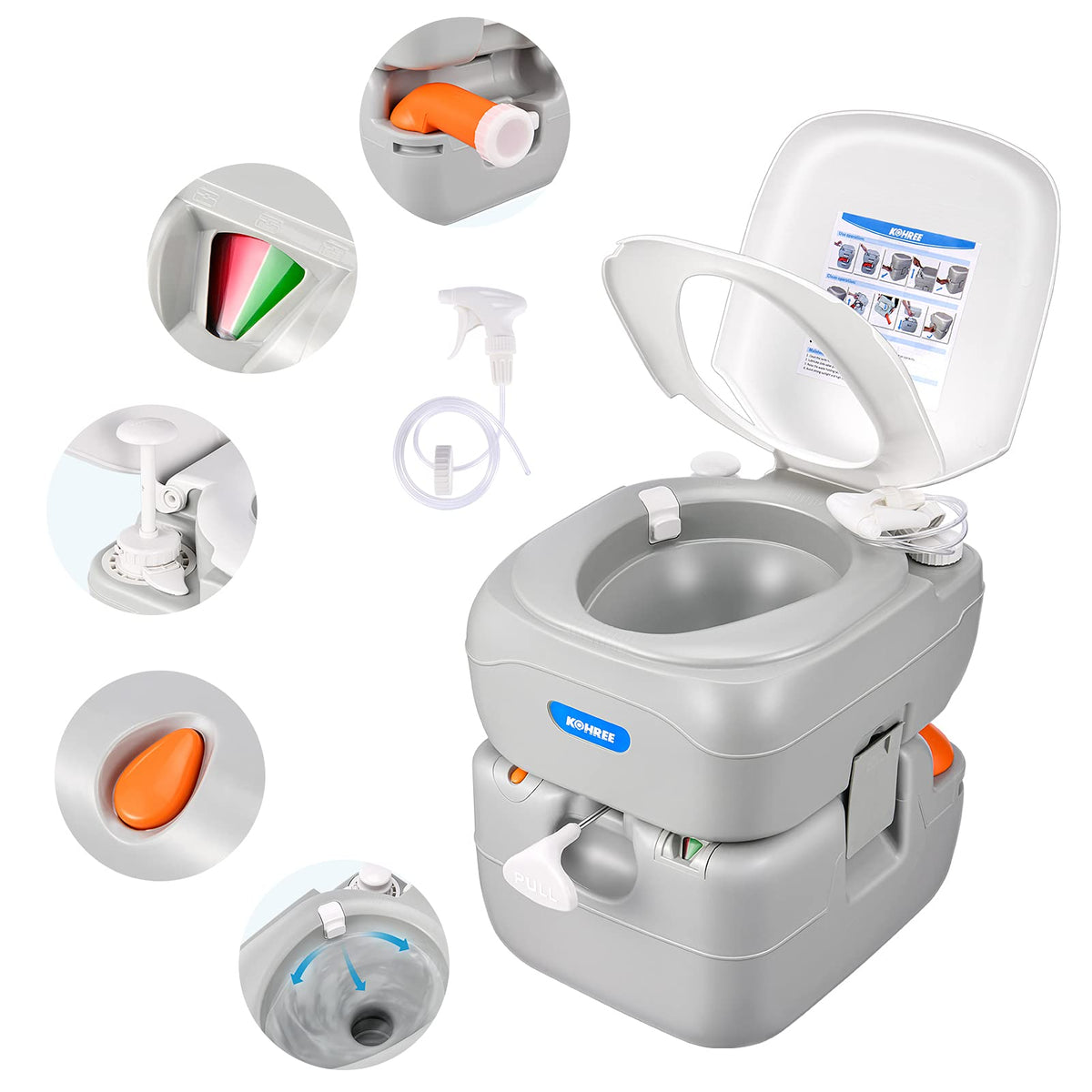 Kohree portable toilet with compact dimensions, easy transport for RV trips