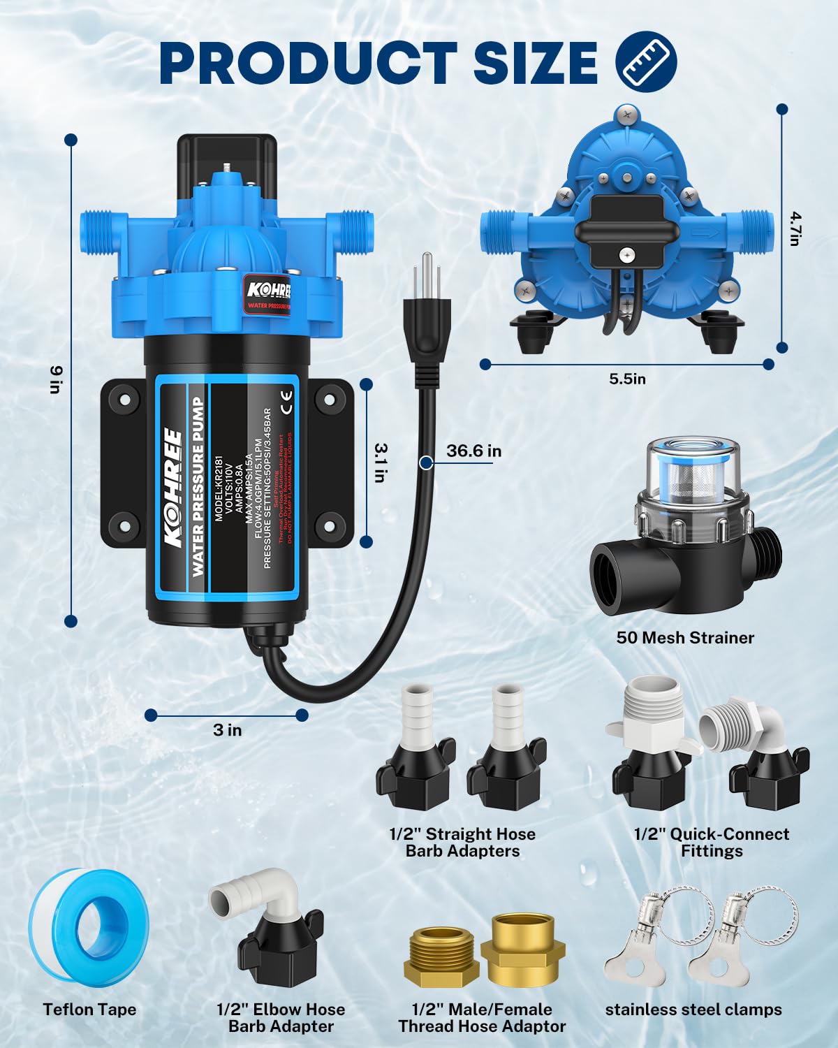 Kohree rubber mounting base reducing vibration for quiet operation.