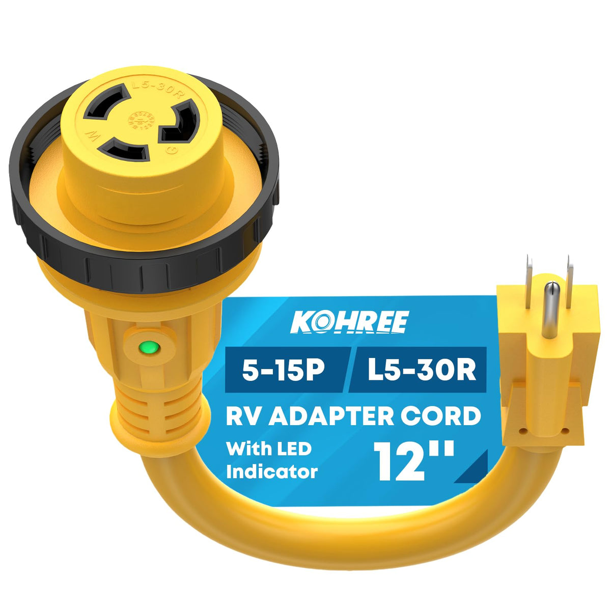 Kohree RV adapter showing 30A to 15A twist-lock connection with 12-inch cord ready for use