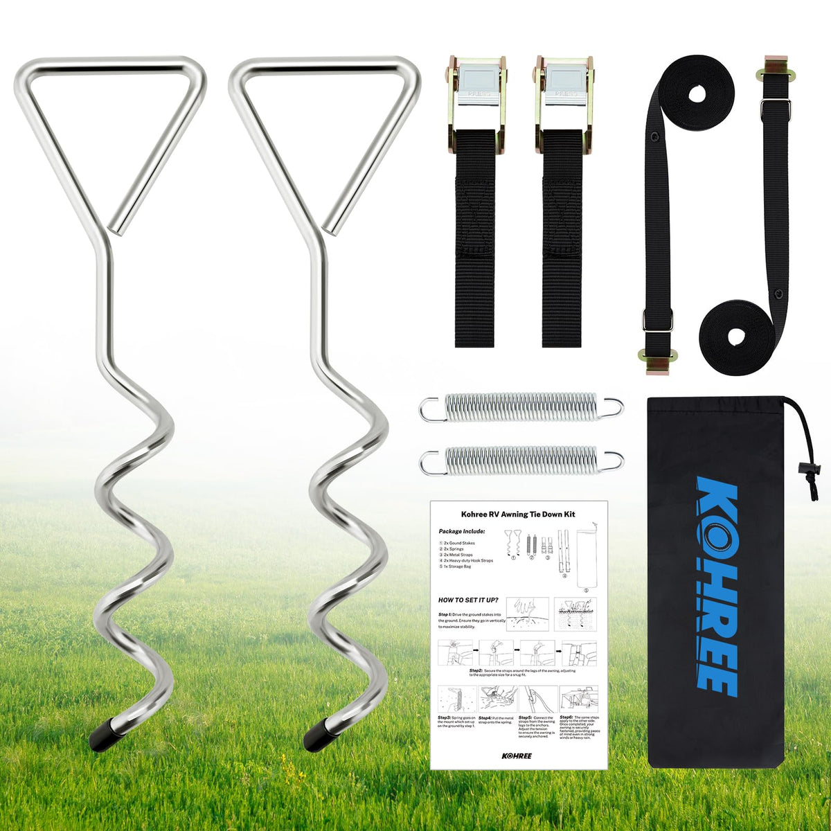 Kohree RV awning strap tensioners stabilize the awning in windy conditions