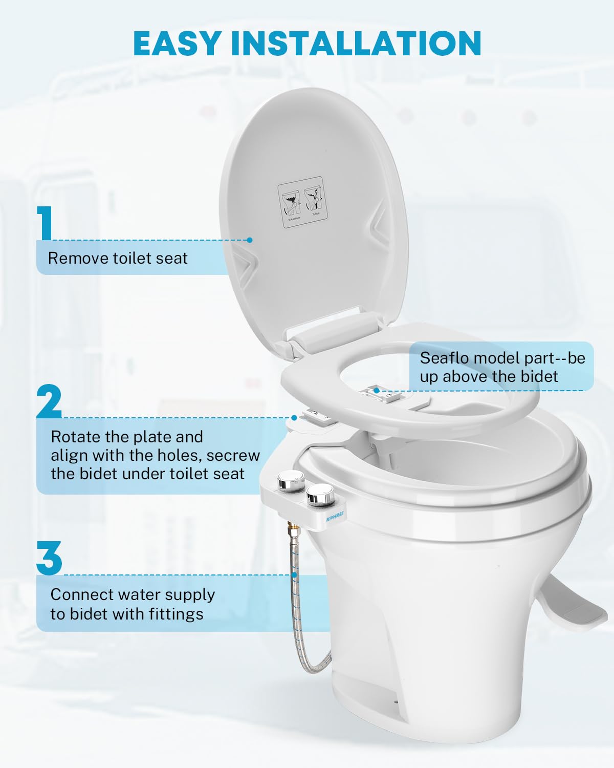 Kohree RV bidet easy-installation step-by-step image highlights quick setup.