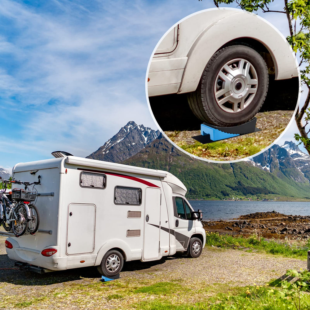 Kohree RV levelers supporting a loaded travel trailer