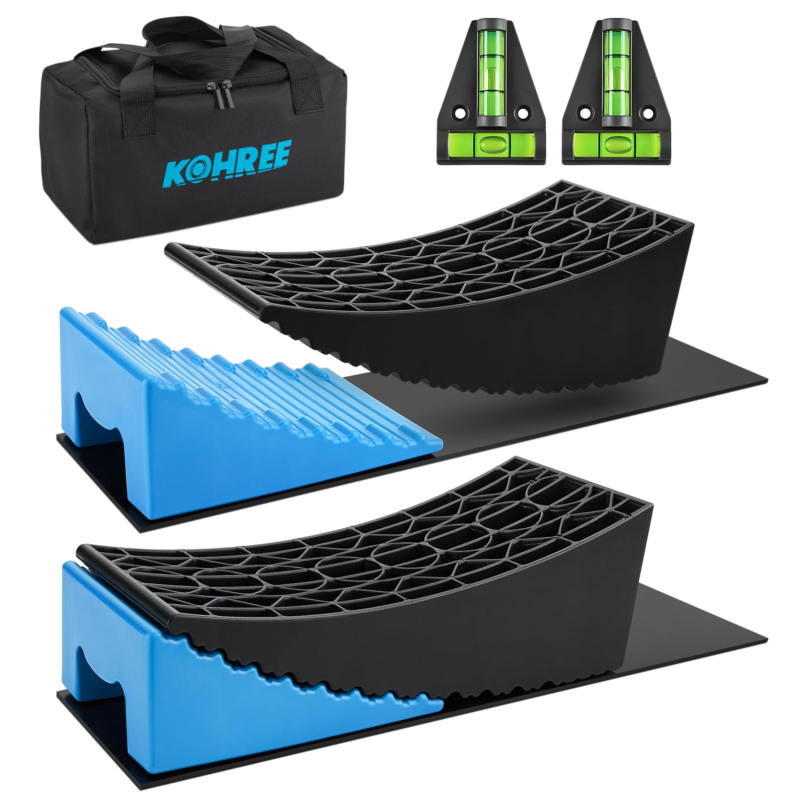 Kohree RV leveling blocks in use on a trailer for stable leveling