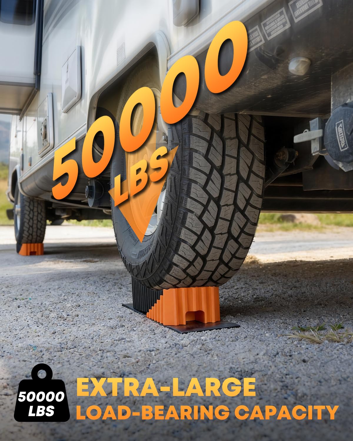 Kohree RV Leveling Blocks wheel chocks securing a parked camper for safety