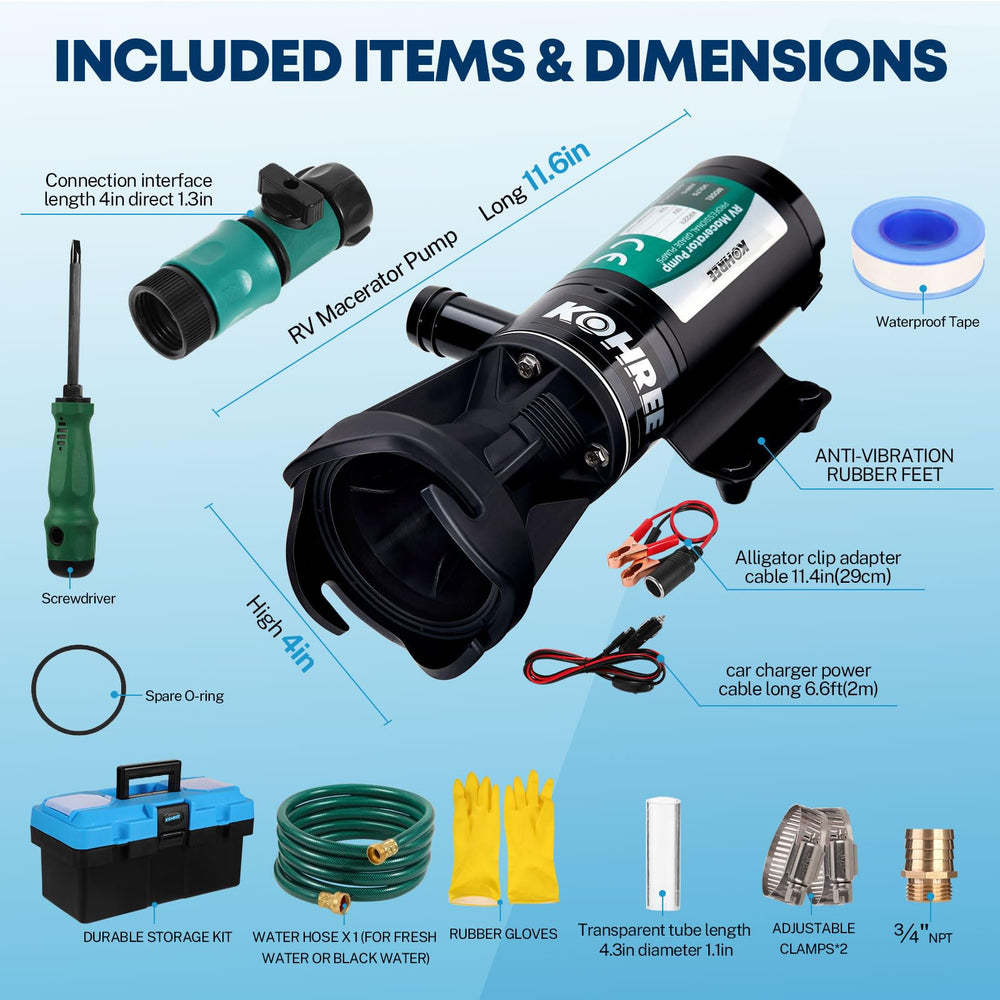 Kohree RV macerator pump 3-inch outlet connection compatible with standard RV sewers.