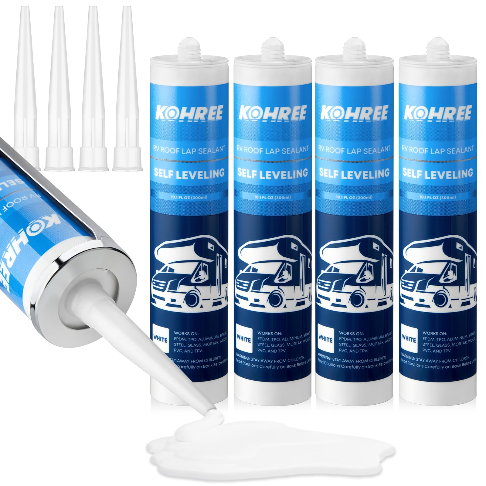 Kohree RV roof sealant bottle close-up for quick maintenance.