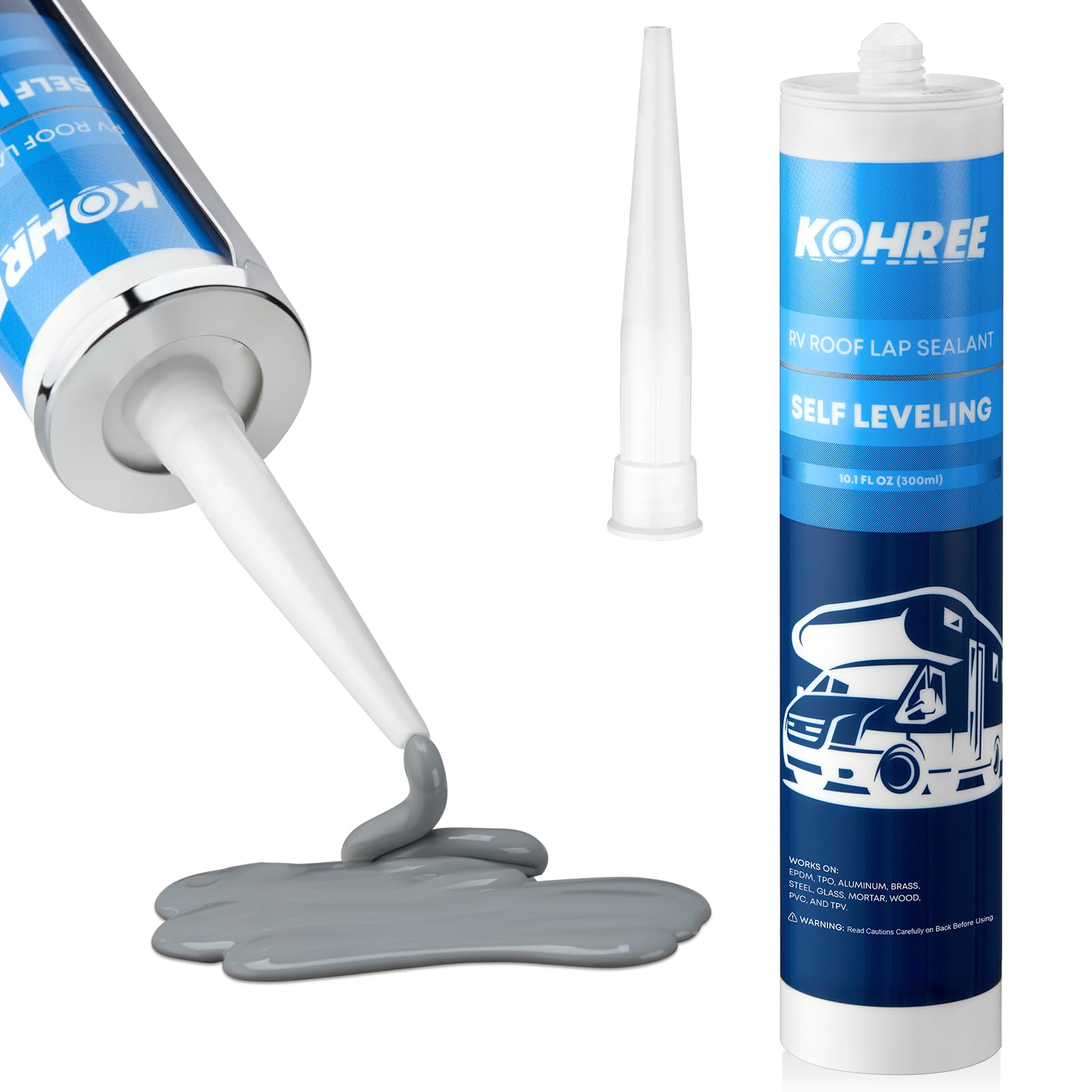 Kohree RV roof sealant gray bottle ready for self-leveling application on roofs