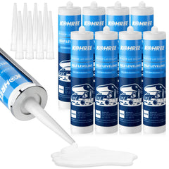 Kohree RV Roof Sealant eight-pack bottle demonstrates self-leveling action for fast gaps.