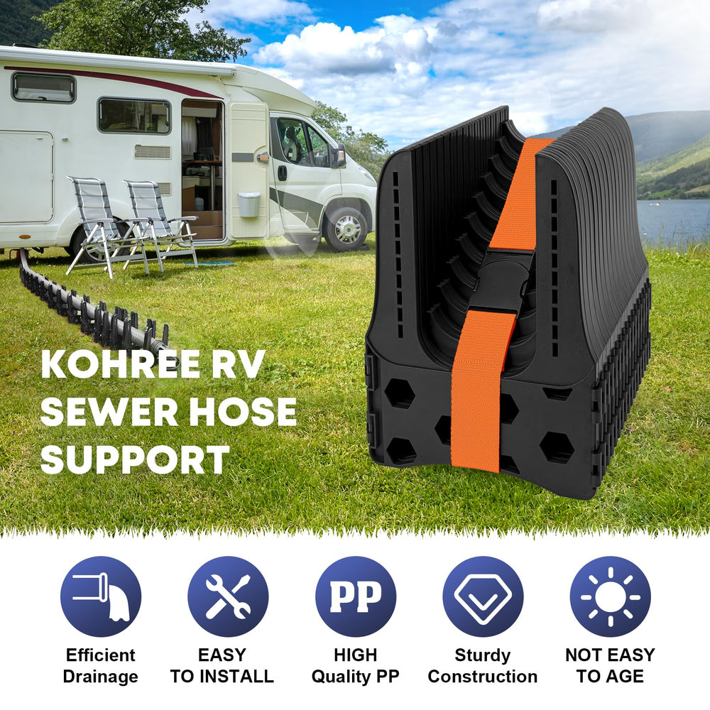 Kohree RV wastewater dumping in progress with stable support and minimized sag