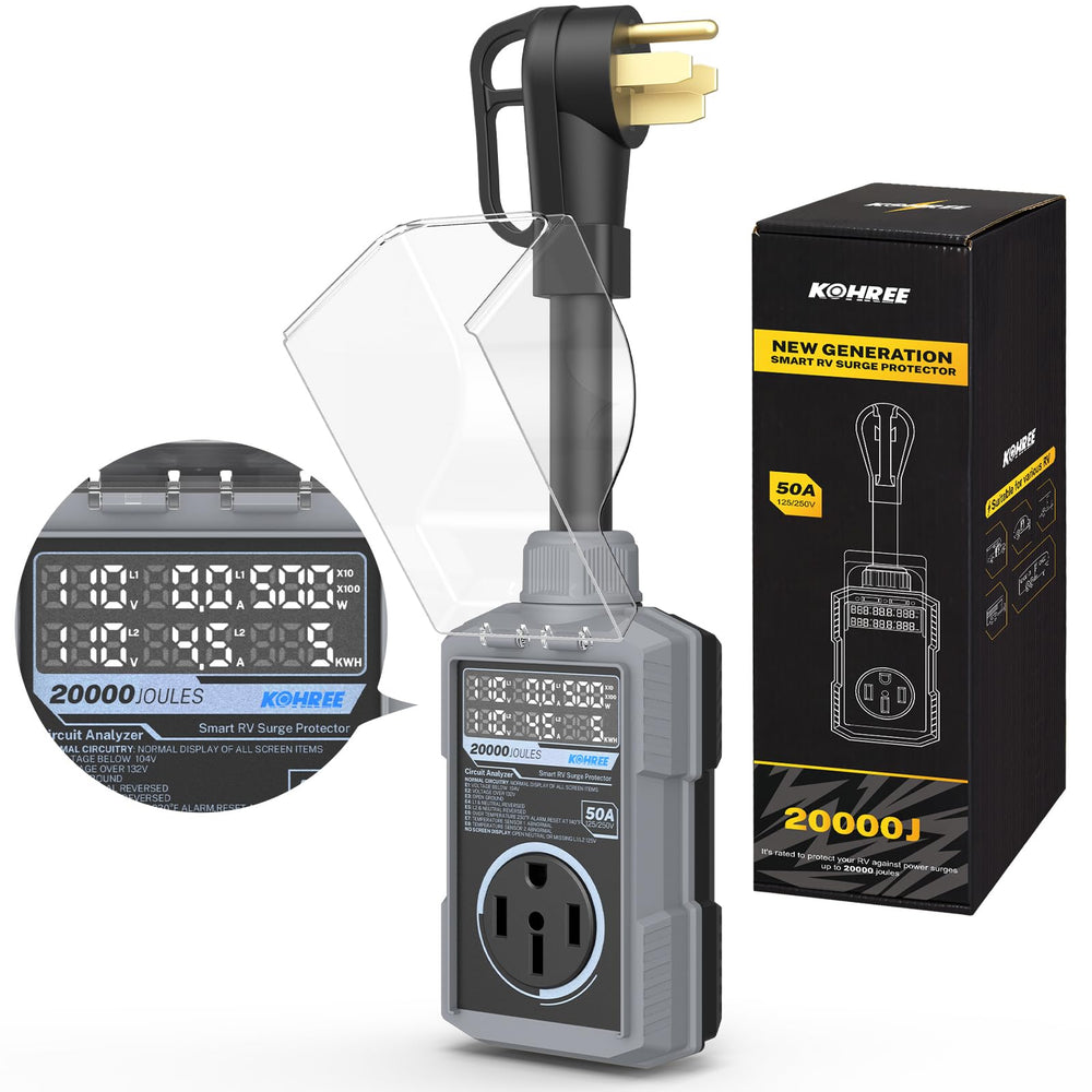 Kohree RV surge protector front view showing 50A design for reliable surge defense on the road.