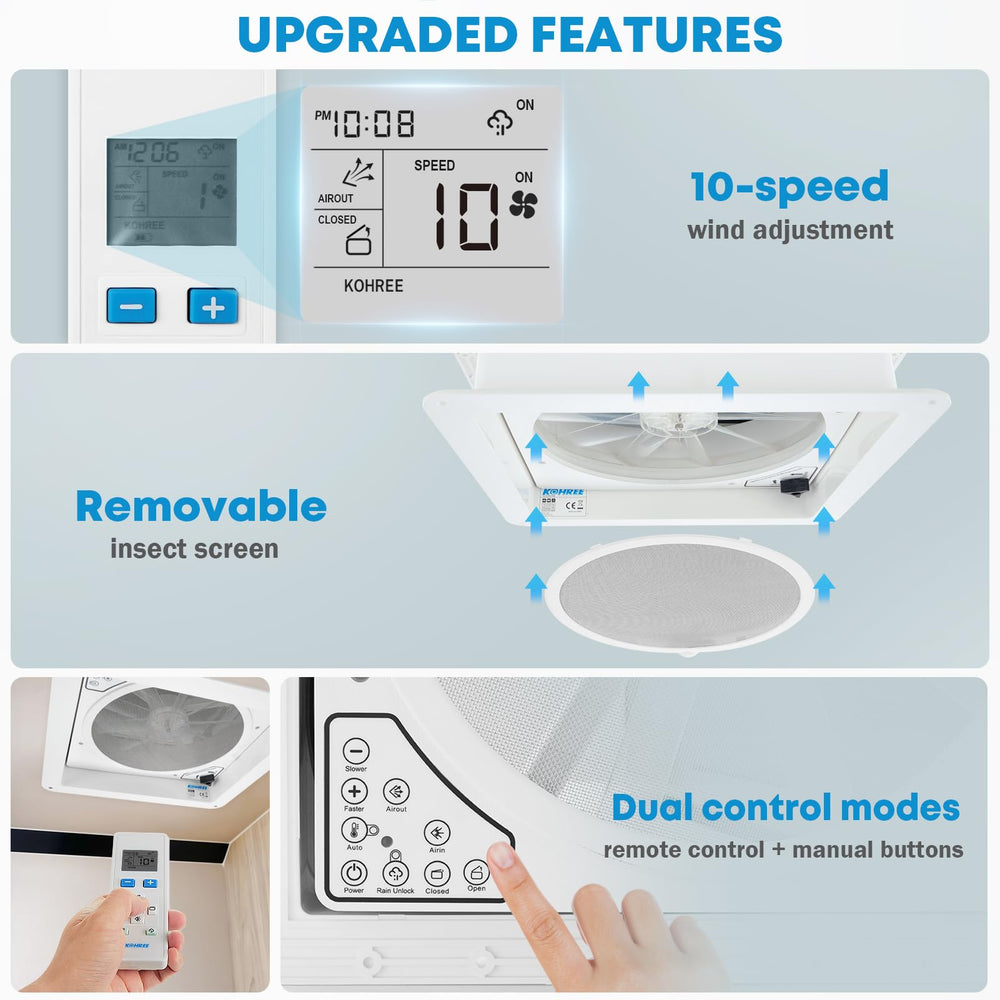Kohree ten-speed reversible vent fan delivering quiet camper cooling