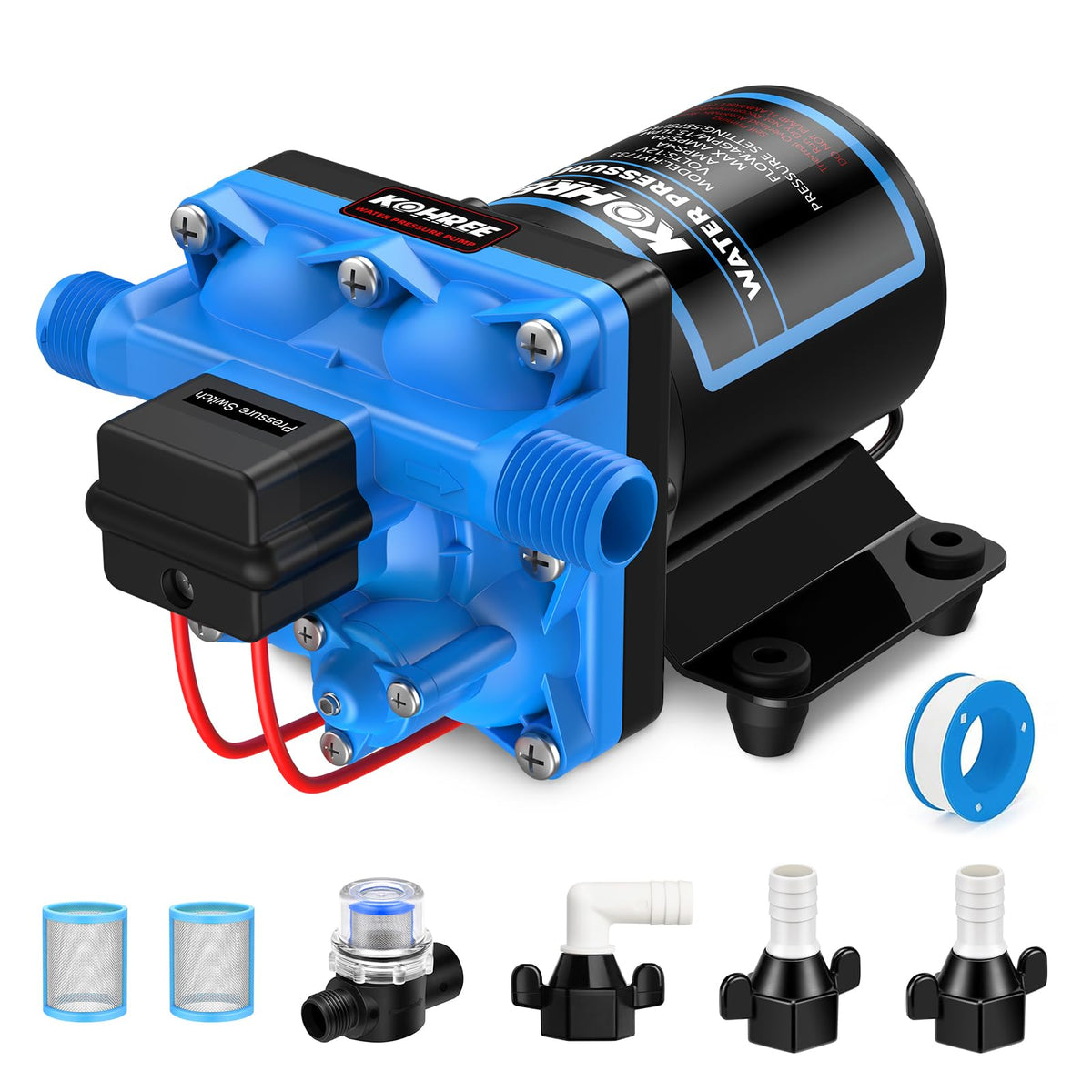 Kohree RV water pump labeled 4GPM-55PSI for fast transfers