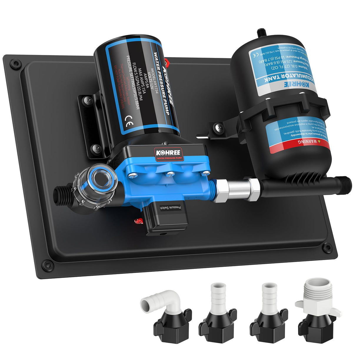 Kohree RV water pump assembly demonstrating a compact, easy-to-install system for RV setups.