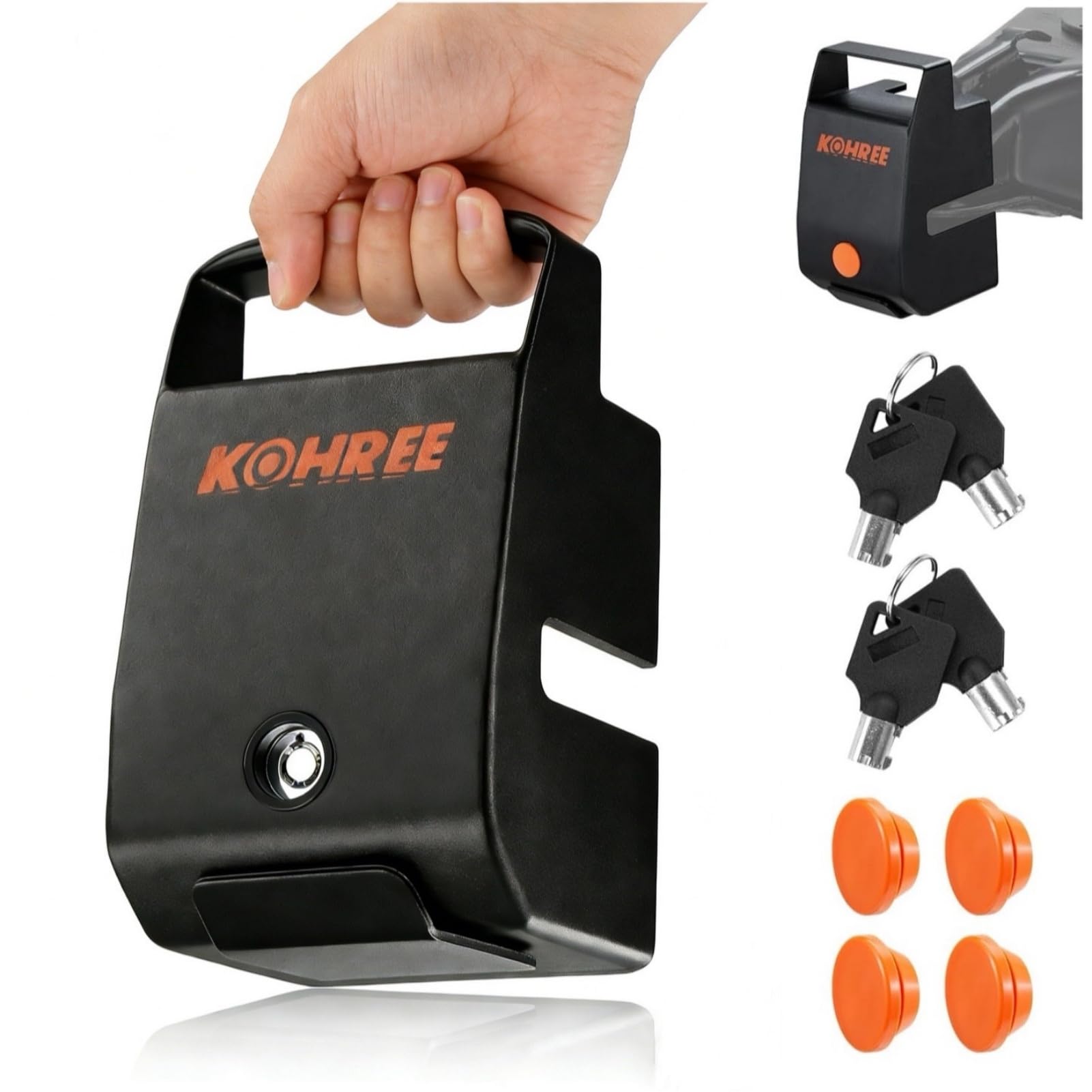 Kohree trailer hitch lock with handle secures 2-in and 2-5/16-in couplers quickly.