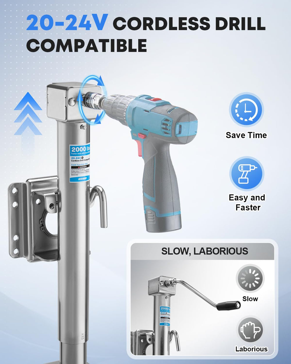 Kohree trailer jack connected to drill for quick lifting