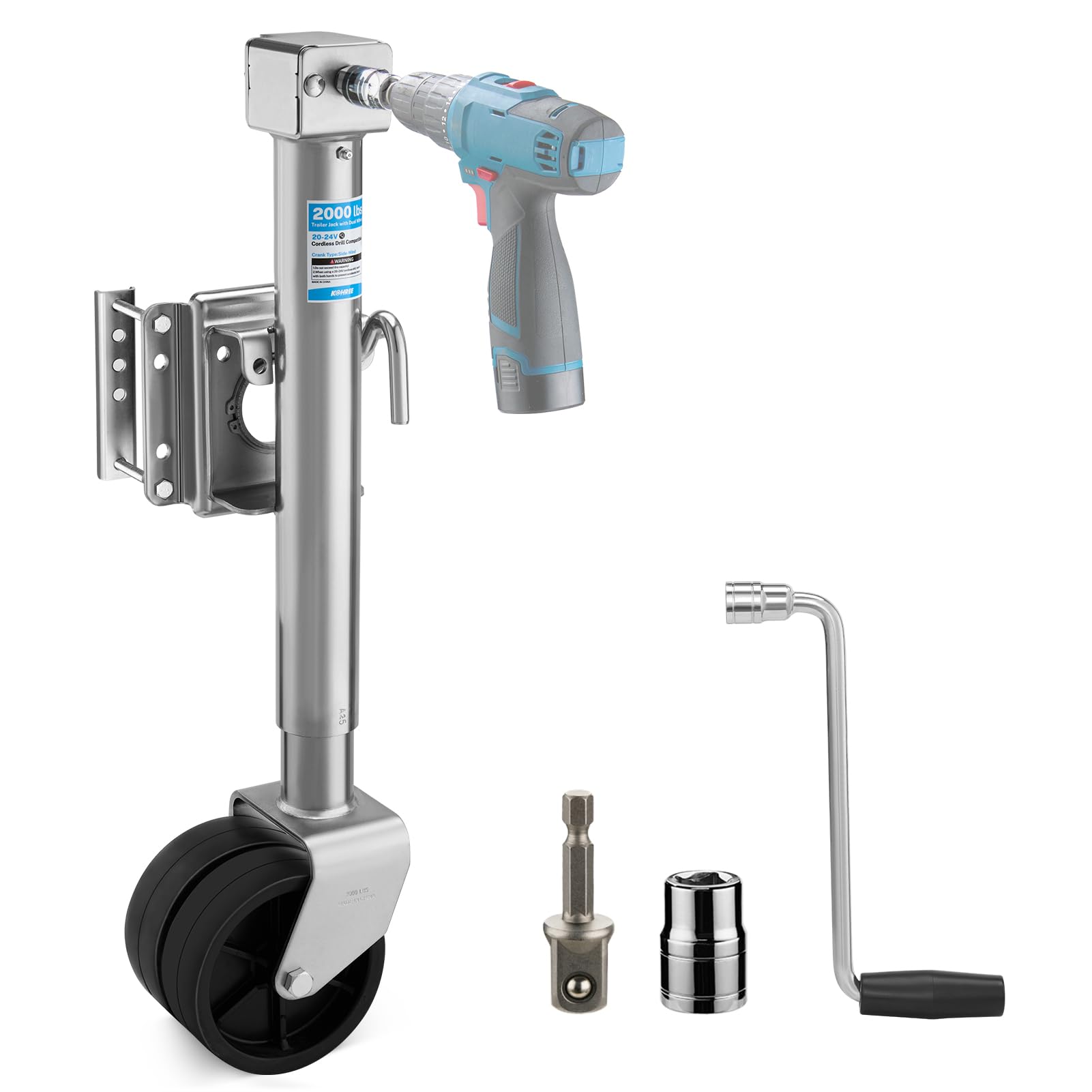 Kohree trailer jack with dual wheels stabilizes trailer on uneven ground