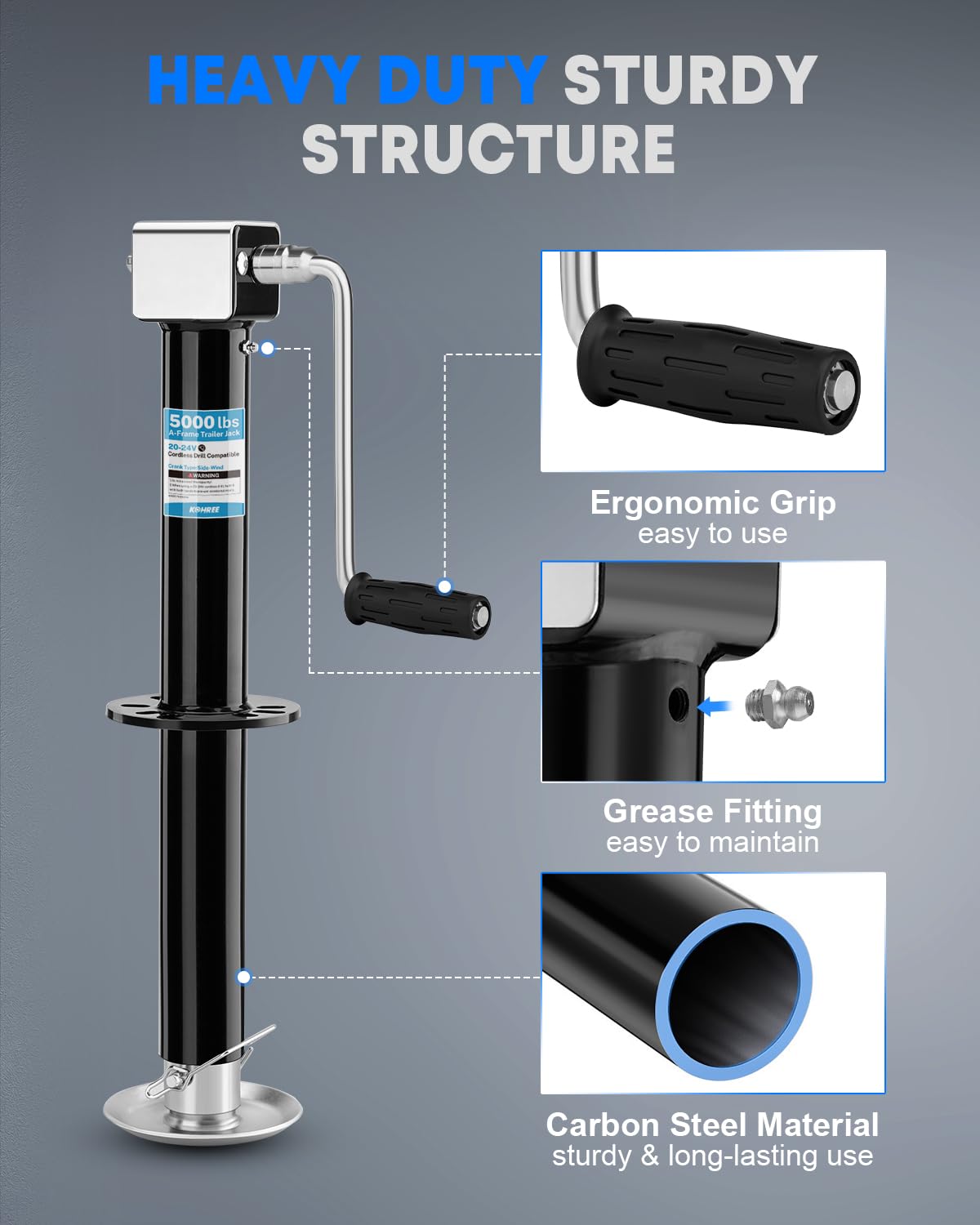 Ergonomic handle with non-slip grip eases manual cranking when needed.