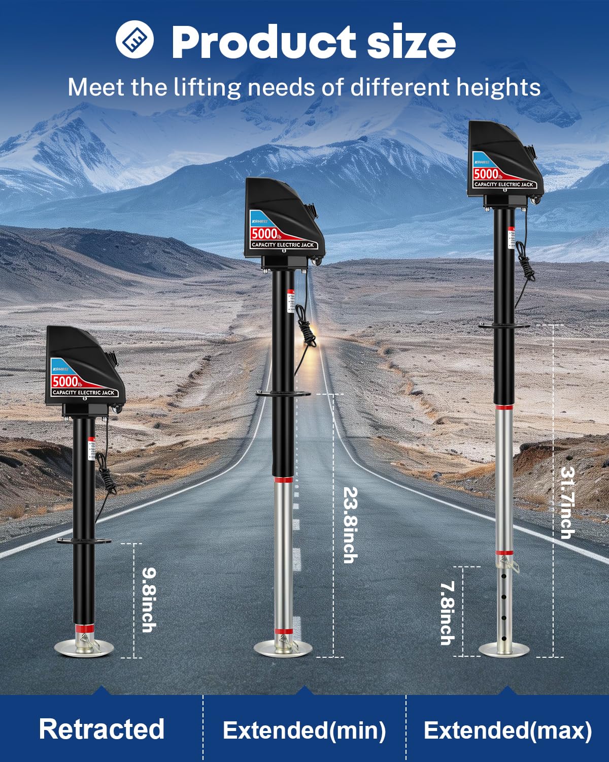 Kohree wide-application jack fits A-frame trailers, fifth wheels, boats.