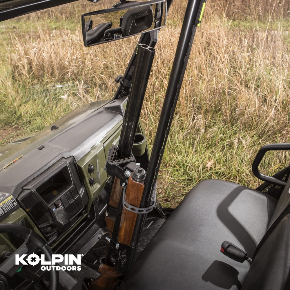 Kolpin gun rack tilts up to 45 degrees for flexible positioning.
