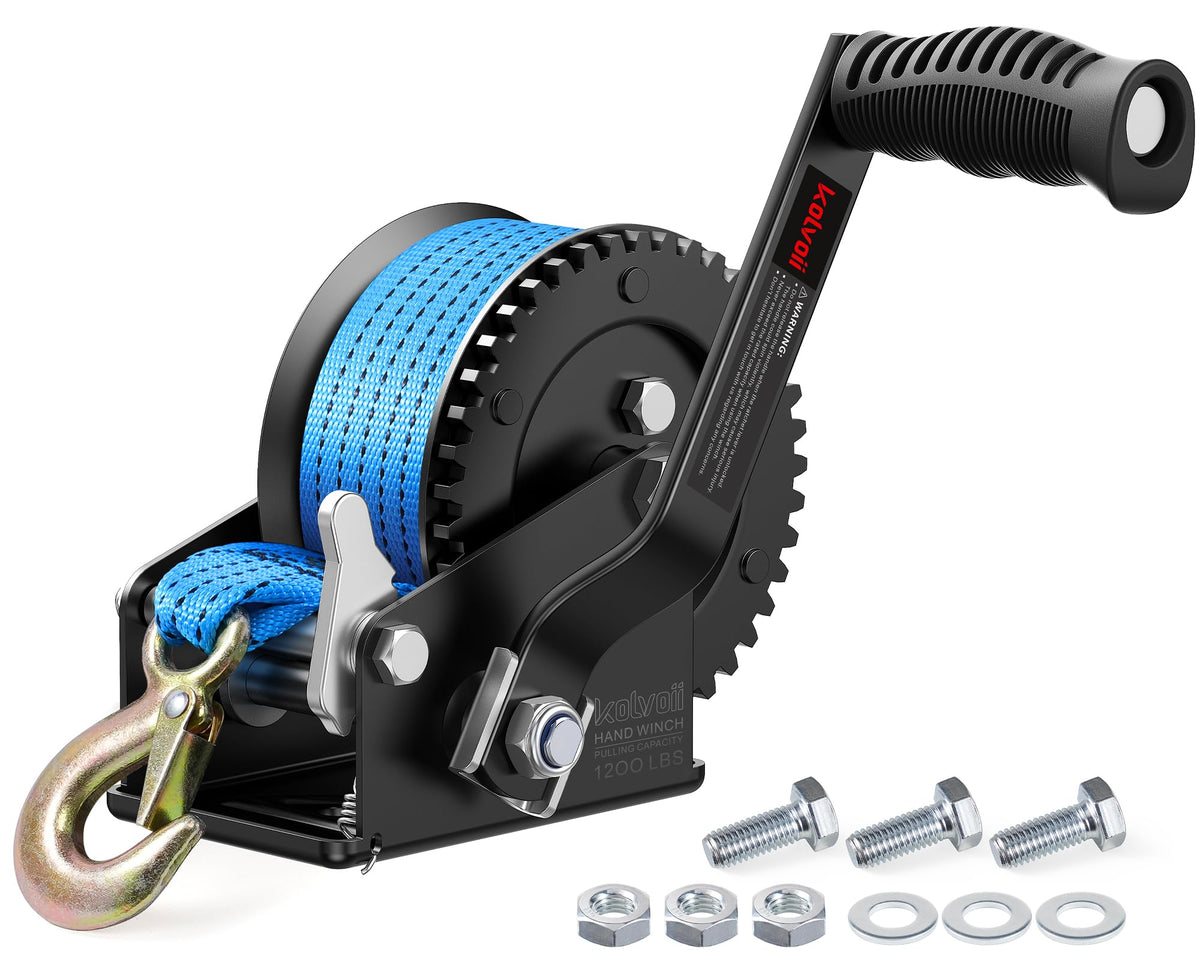 Kolvoii 1200lb boat trailer winch mounted for secure loading.