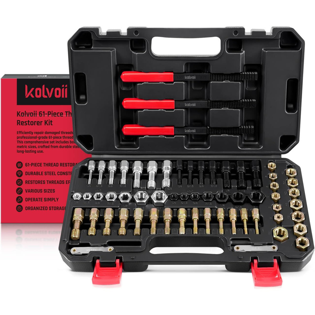 Kolvoii 61-piece thread restorer kit case keeps tools organized for fast on-site repairs.