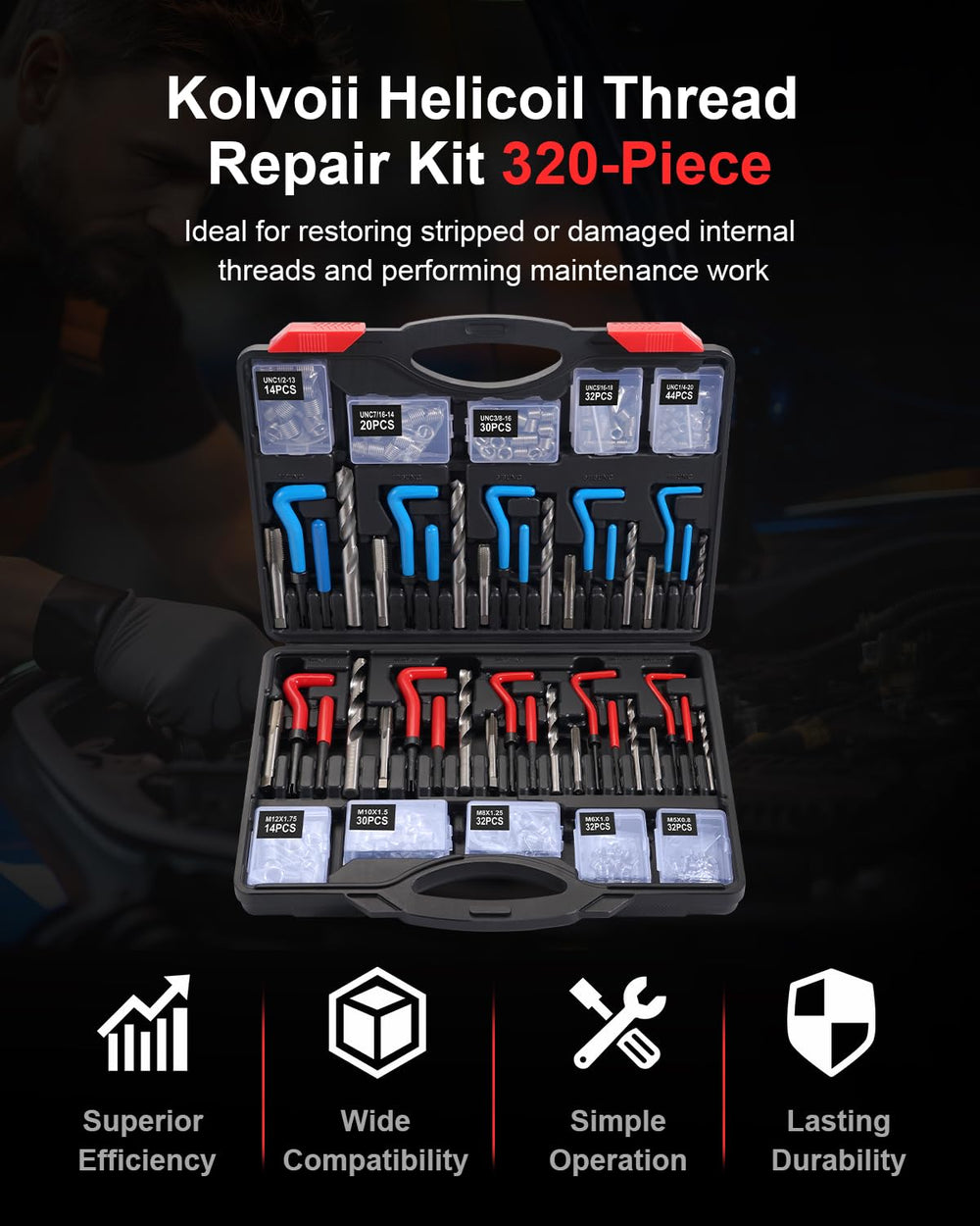 Kolvoii Helicoil kit contents neatly organized for quick professional maintenance tasks