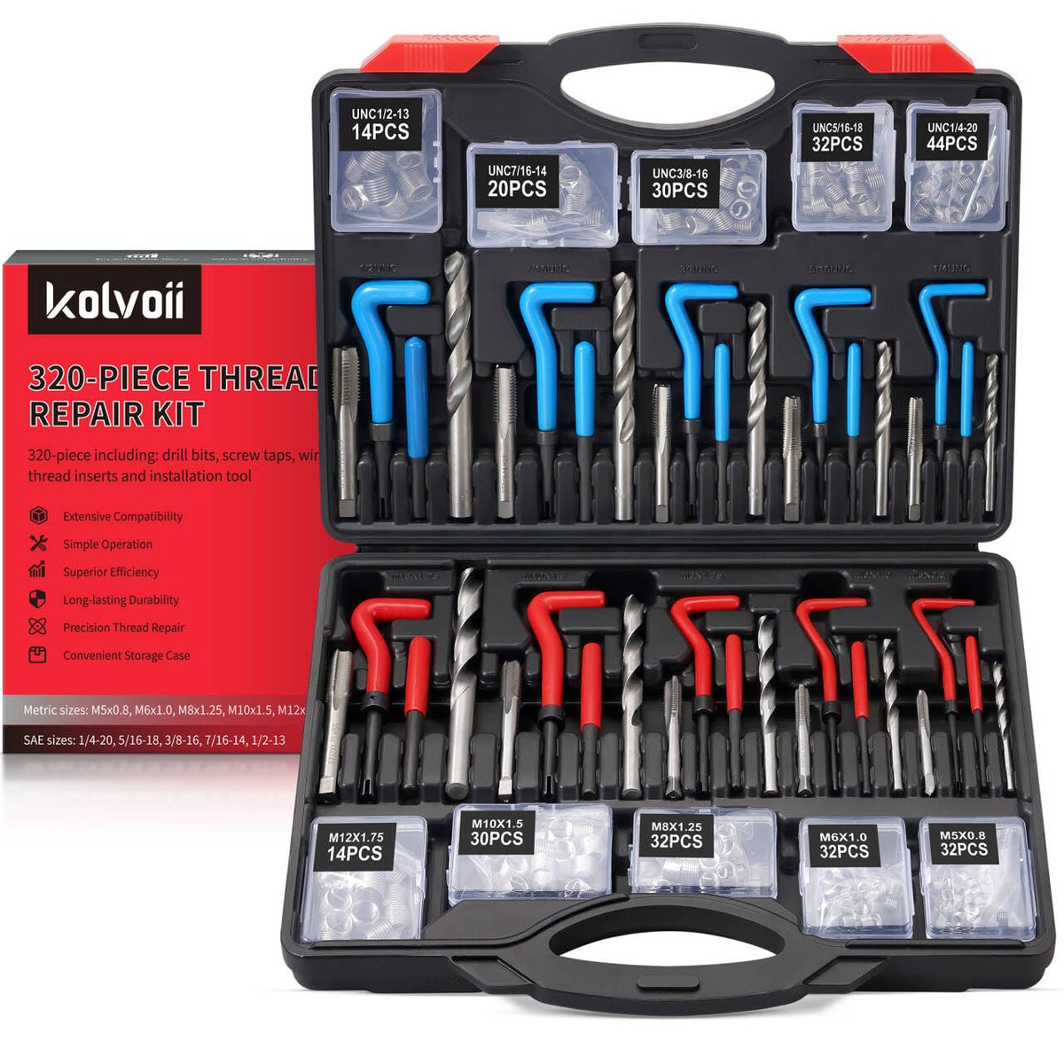 Kolvoii Helicoil kit front cover showing complete SAE and metric thread repair solution